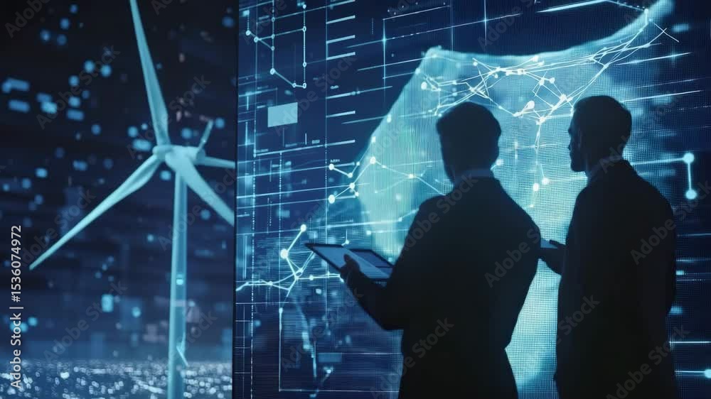Poster Two people analyze digital data on a screen with a wind turbine and futuristic graphics in a modern technology setting.