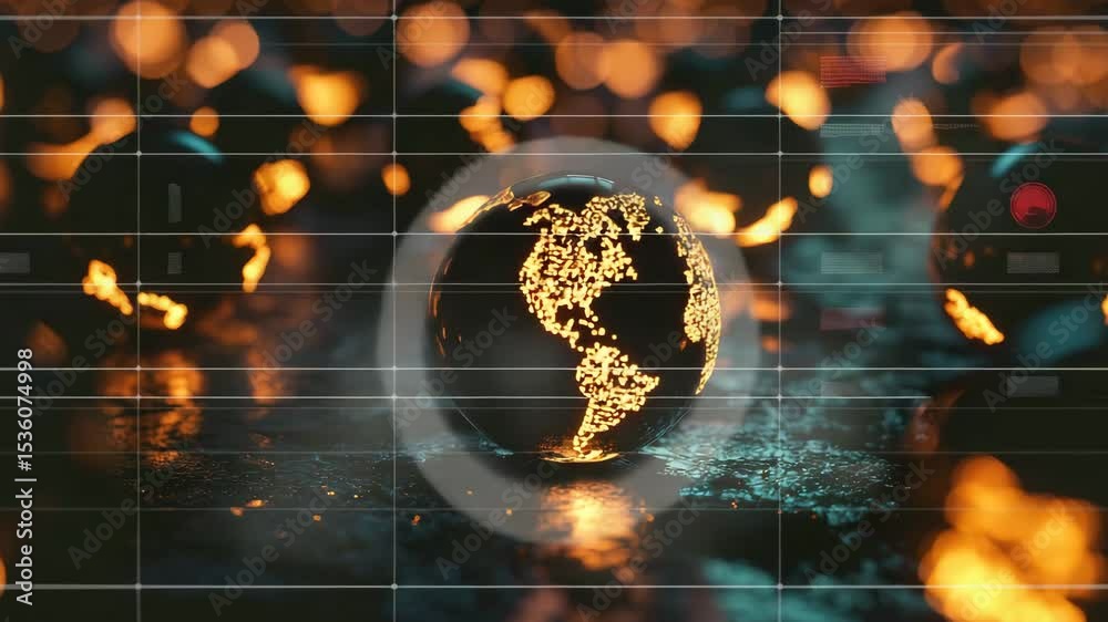 Aufkleber A glowing globe with illuminated continents stands out on a reflective surface, surrounded by blurred, warm lights in the background.