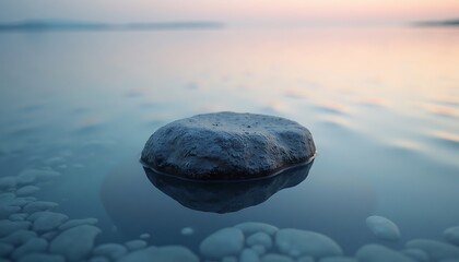 Smooth stone resting on calm water surface during sunset with blurred background