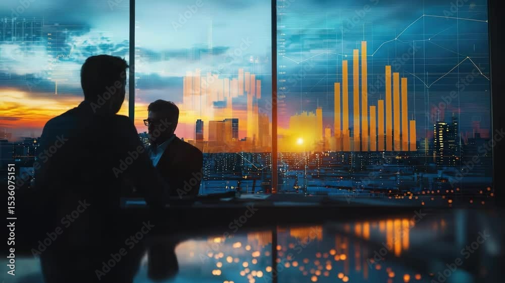 Aufkleber two business professionals discuss financial data in an office with city views and digital graphs ov