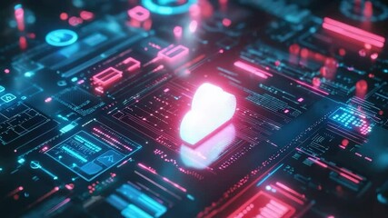 A glowing digital heart hologram is displayed on a futuristic circuit board with neon blue and pink lights. - Powered by Adobe