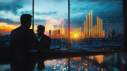 Two business professionals discuss financial data in an office with city views and digital graphs overlayed on the window at sunset. - Powered by Adobe