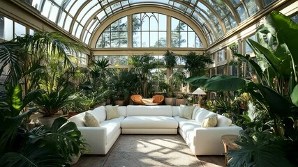 serene indoor garden retreat with plush white seating and abundant greenery creates a tranquil and inviting atmosphere