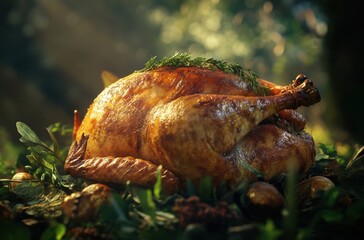 Advertising shot of a beautifully roasted turkey with golden skin, garnished 