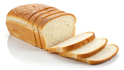 Freshly baked sliced white bread loaf isolated on white background for culinary and food related design concepts