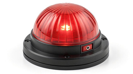Bright red emergency warning light isolated on white background showing operational switch ready to alert