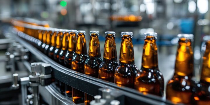 Conveyor belt filled with amber beer bottles in a production facility.