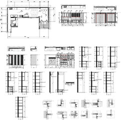 Drawings 2d interior design of kitchen, dining room and living zone furniture layout plan section detail.