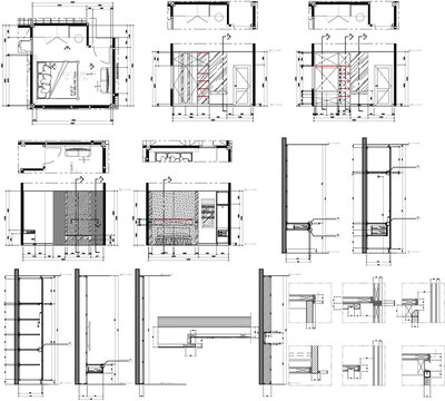 Drawing 2d, interior design of bedroom, layout diagram of bedroom furniture, section detail, vector format