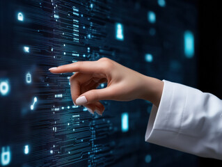 hand interacts with a futuristic digital interface displaying security icons like locks and user profiles, symbolizing cybersecurity and advanced technology.