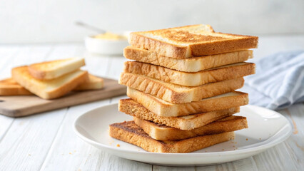 Delicious stack of toasted bread slices freshly made ready to be served for breakfast or snack on a white plate