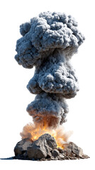 Massive Explosion: A dramatic image depicting a large explosion with a massive plume of dark grey smoke and intense orange flames rising from a pile of rocks.