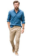 Fototapeta premium Modern Man's Stroll: A man confidently strides forward, embodying contemporary style with his casual yet sophisticated attire.