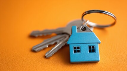 House keys with a blue keychain on an orange background, symbolizing home ownership and security.