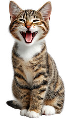 Grinning Kitten's Joyful Expression: Capturing an adorable moment, a tabby kitten's face is a picture of unadulterated happiness, mouth wide open in a hearty laugh. It is a showcase of pure.