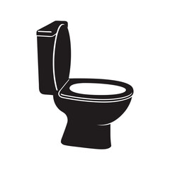 A clean, new white ceramic toilet bowl with a seat, isolated for a sanitary bathroom or restroom Simple flat black silhouette icon of a modern commode toilet bowl