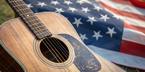 Acoustic guitar with american flag background