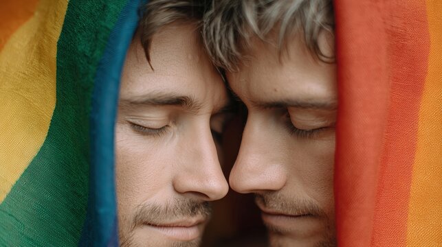 Tender moment between two individuals wrapped in a rainbow blanket, showcasing love, connection, and embracing diversity.