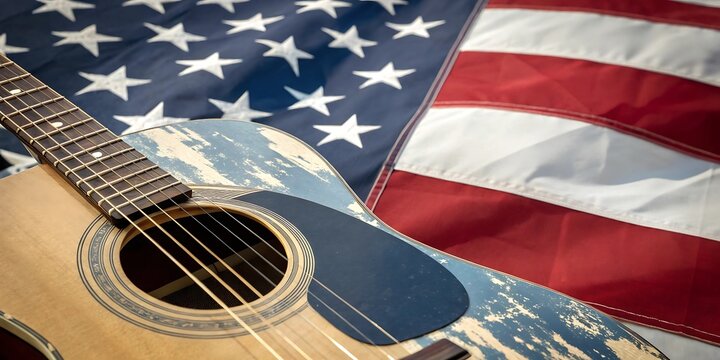 Acoustic guitar on american flag background