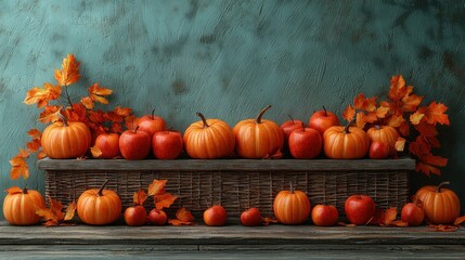 Autumnal gourds and apples in a rustic wooden planter, against a teal backdrop