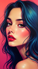 Fototapeta premium Beautiful Woman Blue Hair Portrait, Luminous Skin Makeup, Elegant Female Illustration