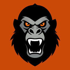 Angry Gorilla Face Vector Illustration Black and Gray Fur Orange Eyes Roaring Head Mascot