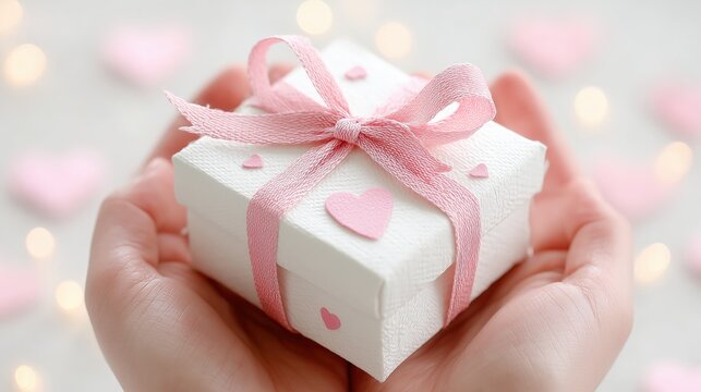 A beautifully wrapped gift box with hearts is held gently, symbolizing love and thoughtfulness in a cozy, festive atmosphere.