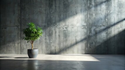 Serene Minimalist Interior Design Featuring a Lush Green Plant in a Sleek Gray Pot Against a Textured Concrete Wall with Sunlight Streaming Through