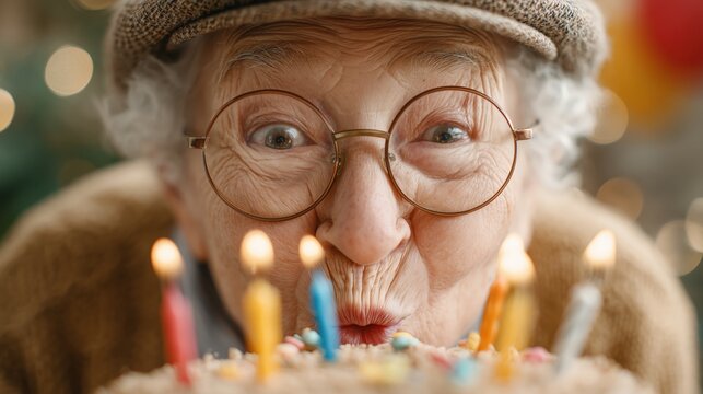 A cheerful elderly person blowing out birthday candles on a colorful cake, embodying joy and celebration.