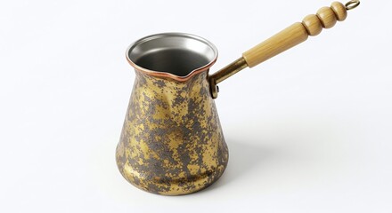 Traditional Turkish coffee pot (cezve) with patina texture, isolated on white background. Generative AI