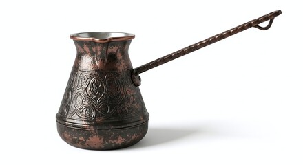 Traditional Turkish coffee pot (cezve) with patina texture, isolated on white background. Generative AI