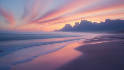 Pastel hues paint a tranquil beach scene at sunset.