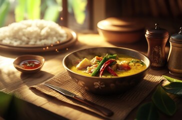 Beautiful advertising shot of a Central Thai cuisine table setting with Tom 