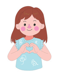 Vector illustration of a cute young girl in a blue outfit smiling and forming a heart shape with her hands. This flat cartoon character is perfect for kids, love, emotion, or care-themed visuals.