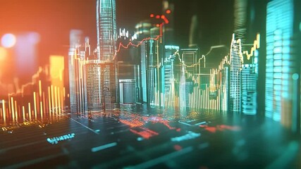 Futuristic city skyline with digital graphs and data overlays illustrating urban growth and technology - Powered by Adobe