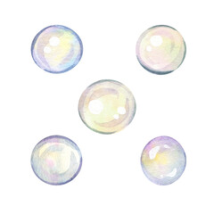 Bubble, pearl, ball, sphere, shiny bead, beach decoration, ocean shore souvenir, pastel colors on white background. Set of isolated objects. Hand drawn watercolor illustration