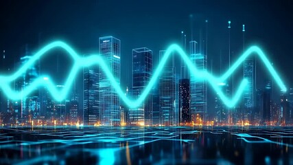 Futuristic city skyline with glowing data visualization, showcasing technology and urban life - Powered by Adobe