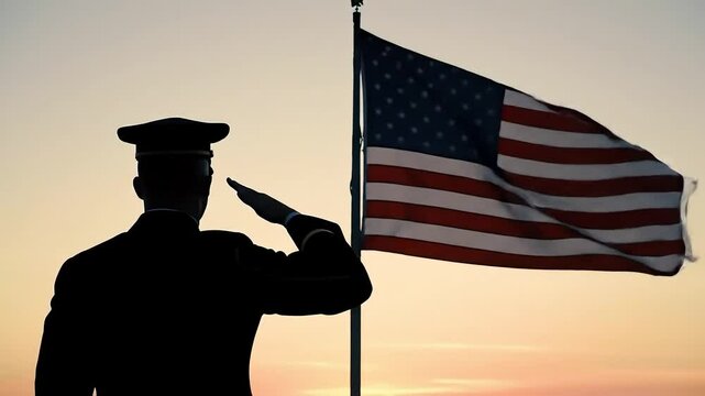Soldier Saluting American Flag Silhouette at Sunset, Patriotic Tribute