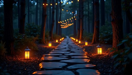 Stone pathway with glowing lanterns and string lights in dark forest at night