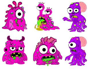 A set of cute and gross alien monsters with weird expressions, big eyes, green slime, and unique body shapes. Perfect for games, stickers, and creative projects