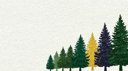 Row of stylized evergreen trees in various shades.