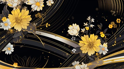 黒地に黄色い花の和柄背景