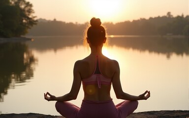 Yoga lotus. Young woman doing yoga by the lake, sitting in lotus. High quality