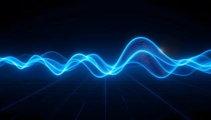 Fototapeta premium Glowing Blue Wireframe Waves on Dark Grid, Abstract Technology Background