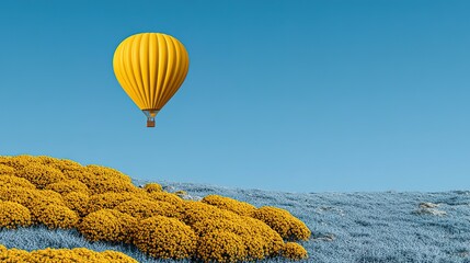 Vivid yellow hot air balloon above a landscape of yellow and blue plants.