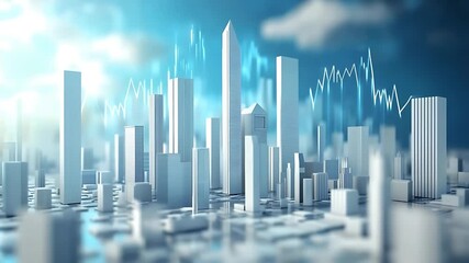 Futuristic city skyline with tall skyscrapers, financial graphs overlay, and bright blue sky - Powered by Adobe
