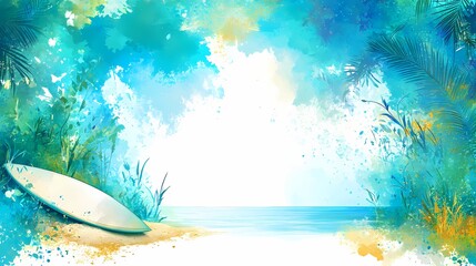 Surfboard resting on a tropical beach scene.