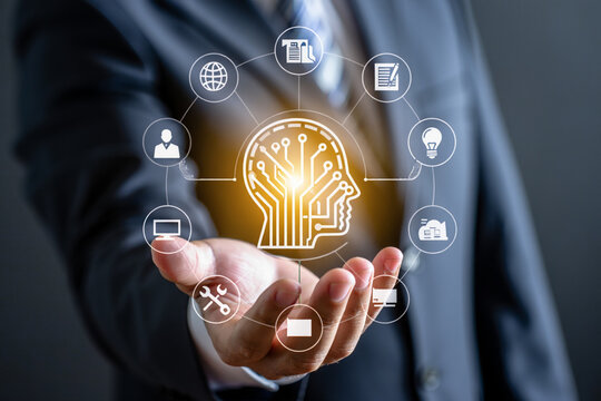 Businessman Presenting AI Technology and Global Network Concept