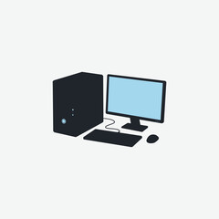 Simple flat vector of a computer setup featuring a black tower, light-blue screen, keyboard, and cable. Minimalist design with clean lines and elevated perspective.