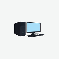 Simple flat vector of a computer setup featuring a black tower, light-blue screen, keyboard, and cable. Minimalist design with clean lines and elevated perspective.
